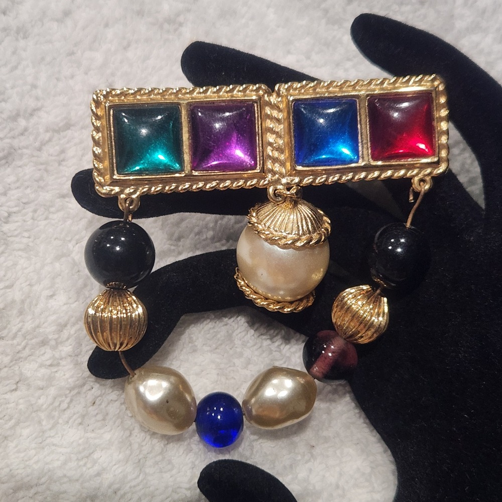 Vintage Gold Tone Multi Color Cabochon Faux Pearl Beaded Drop Statement‎ Brooch - Picture 3 of 9